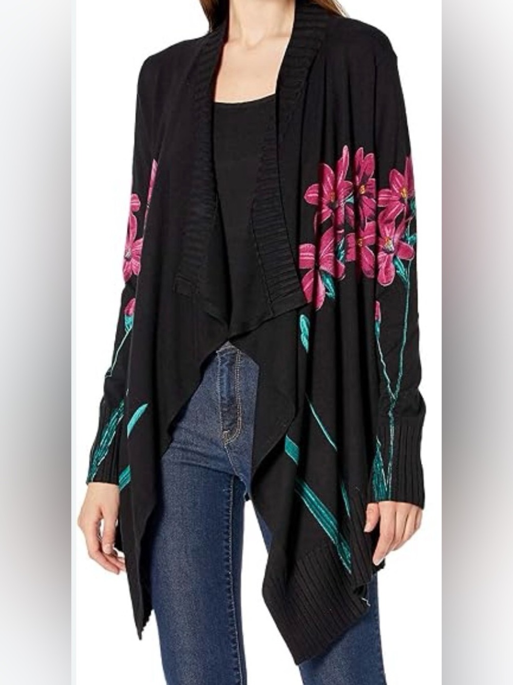 Desigual Womens Boho Floral Open Front Draped Cardigan Size XL Black pink